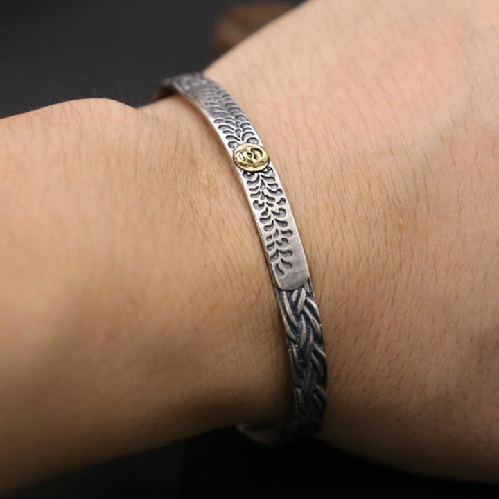 Men's Sterling Silver Braided Pattern Skull Cuff Bracelet