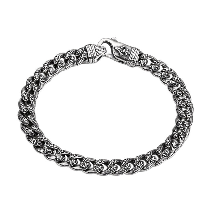 Sterling Silver Fleur de Lis Cuban Chain Bracelet for Men