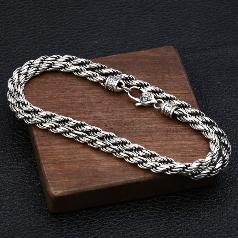 5.5 mm Men's Sterling Silver Six True Words Mantra Rope Chain 22”-24”