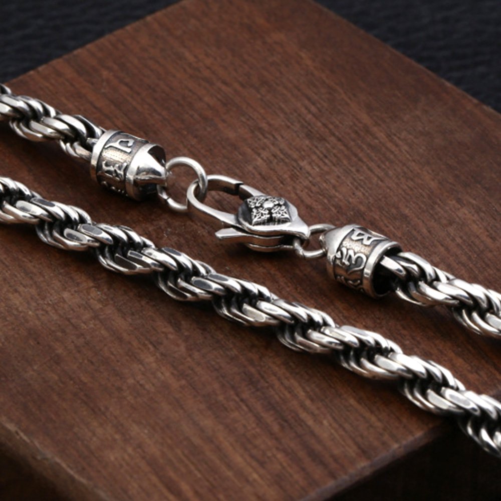 5.5 mm Men's Sterling Silver Six True Words Mantra Rope Chain 22”-24”