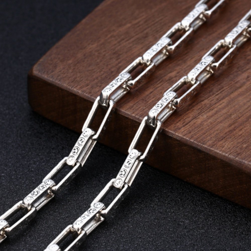 8 mm Men's Sterling Silver Smiley Rectangle Link Chain 18”-24”