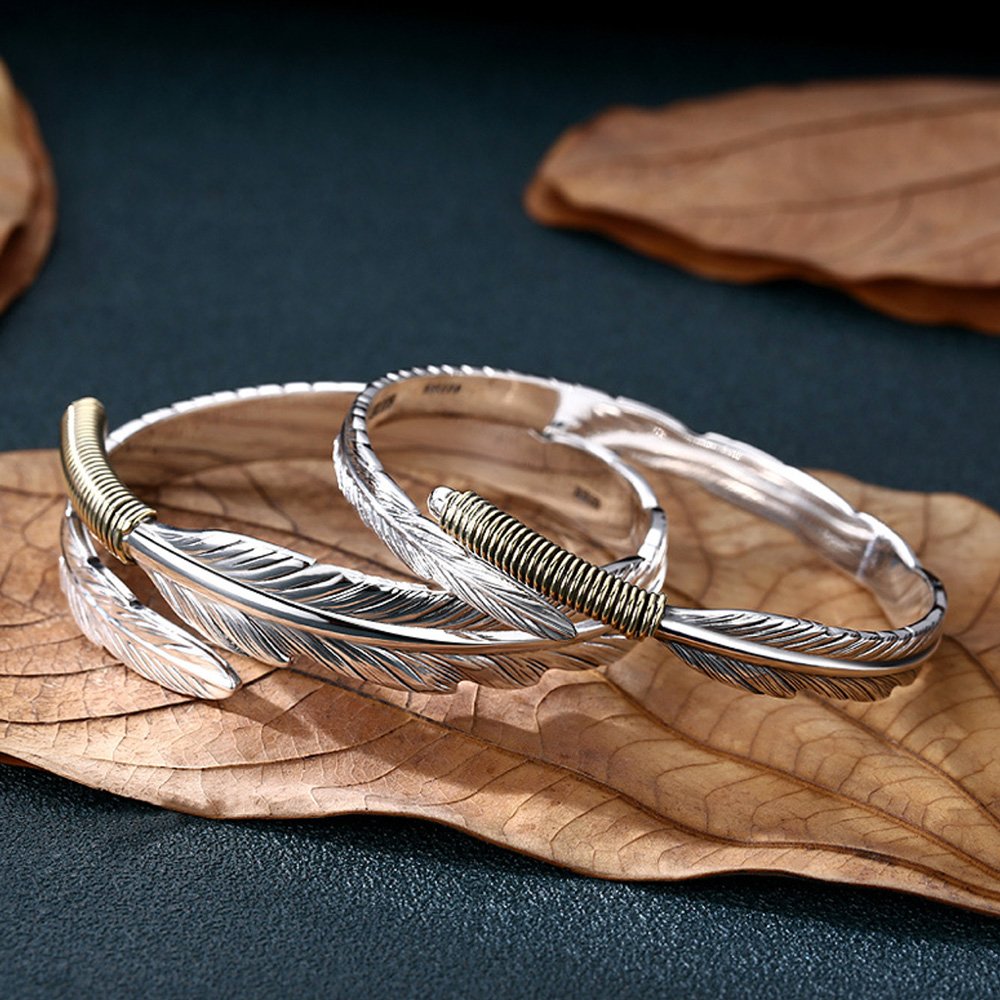 Fine Silver Feather Bangle Bracelet