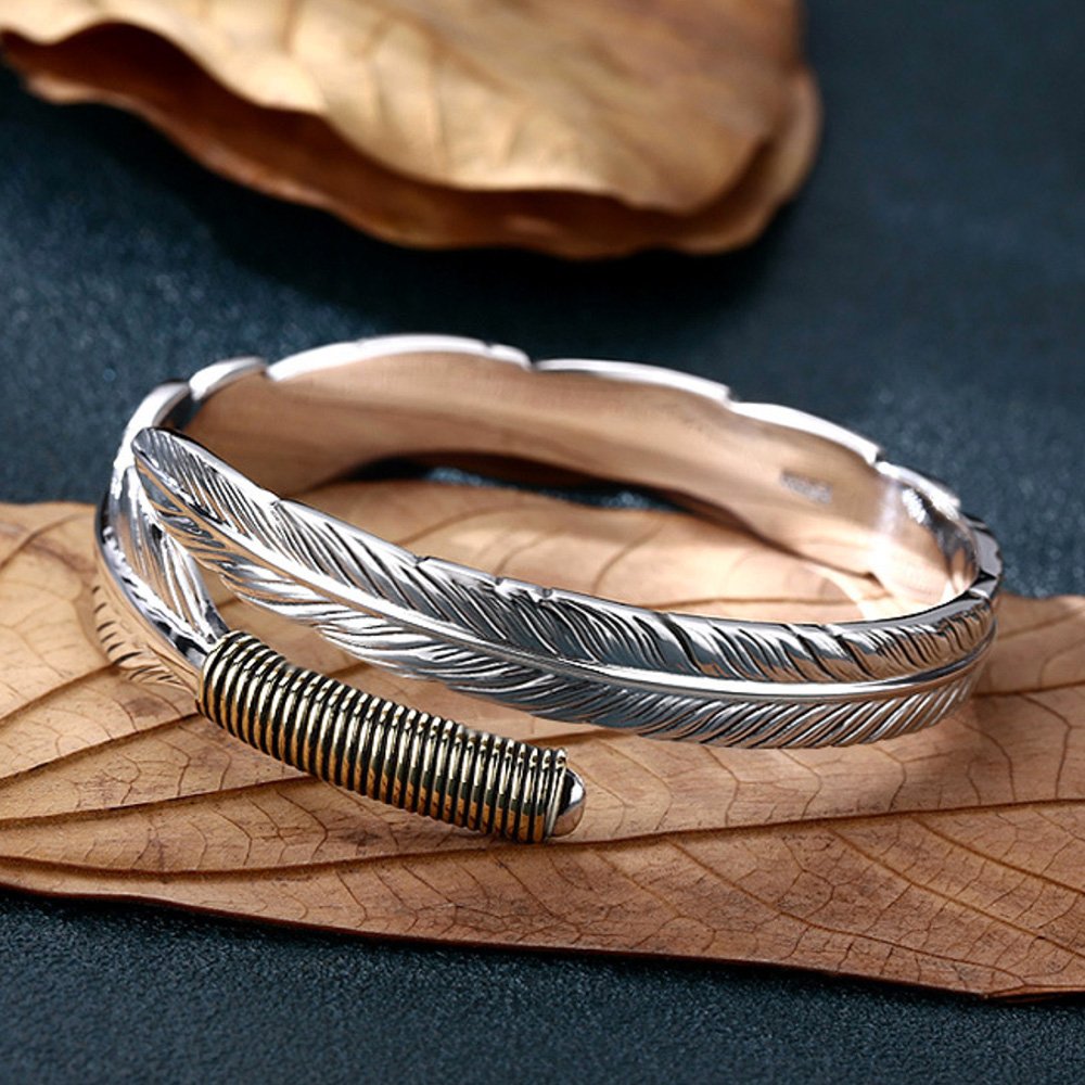 Fine Silver Feather Bangle Bracelet