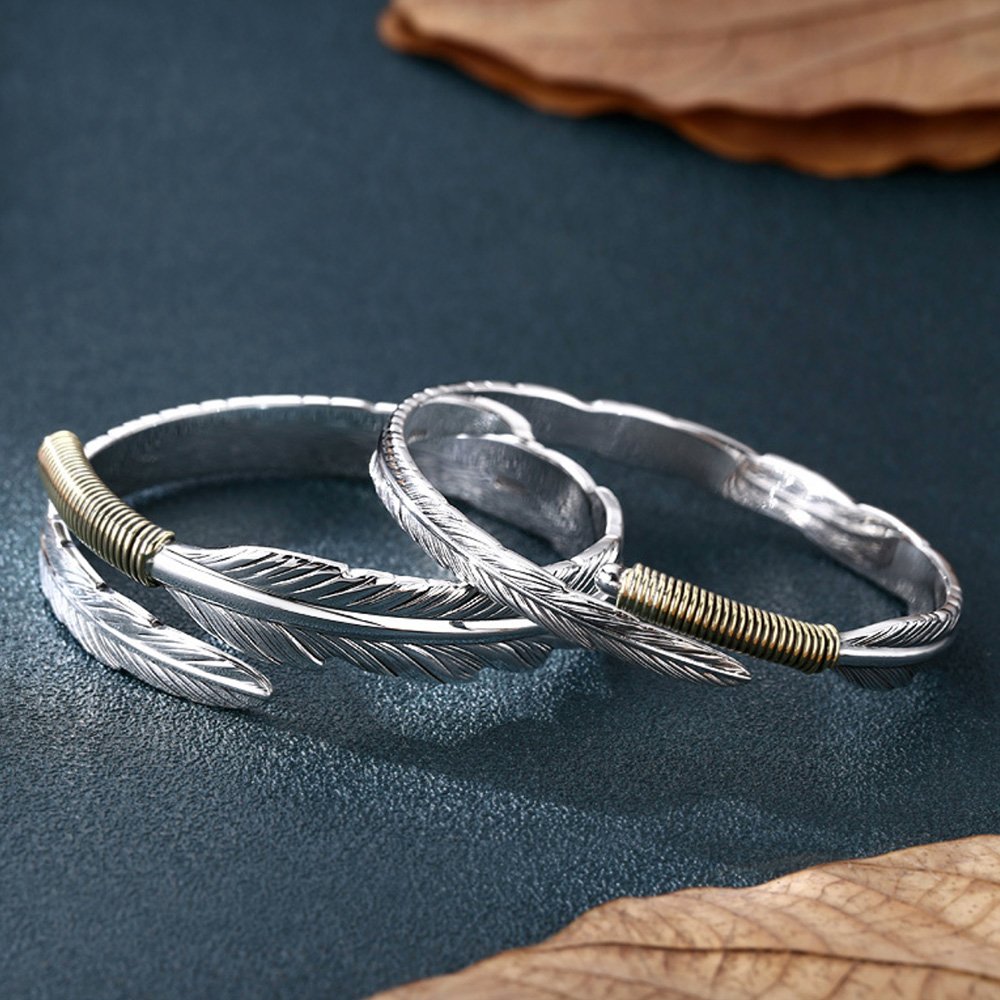 Fine Silver Feather Bangle Bracelet