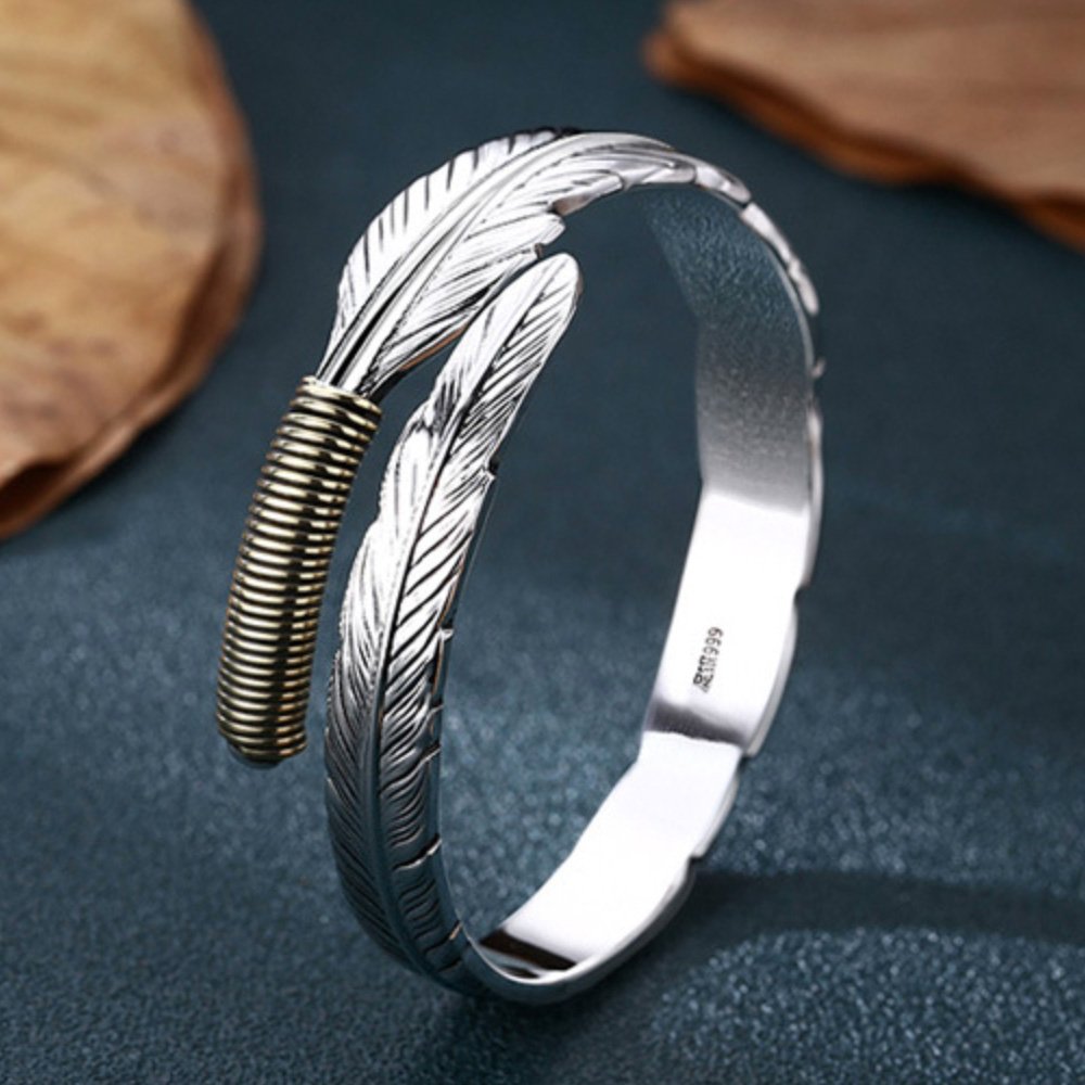 Fine Silver Feather Bangle Bracelet