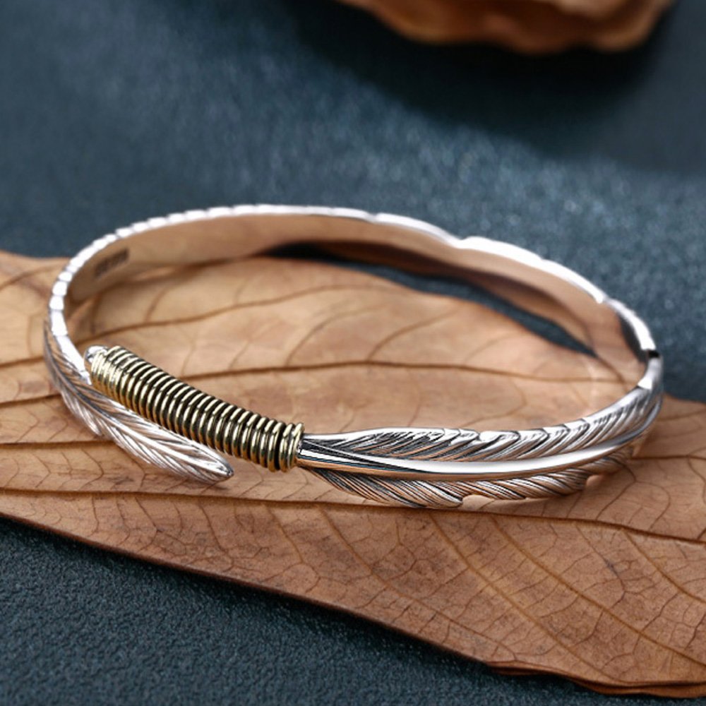 Fine Silver Feather Bangle Bracelet