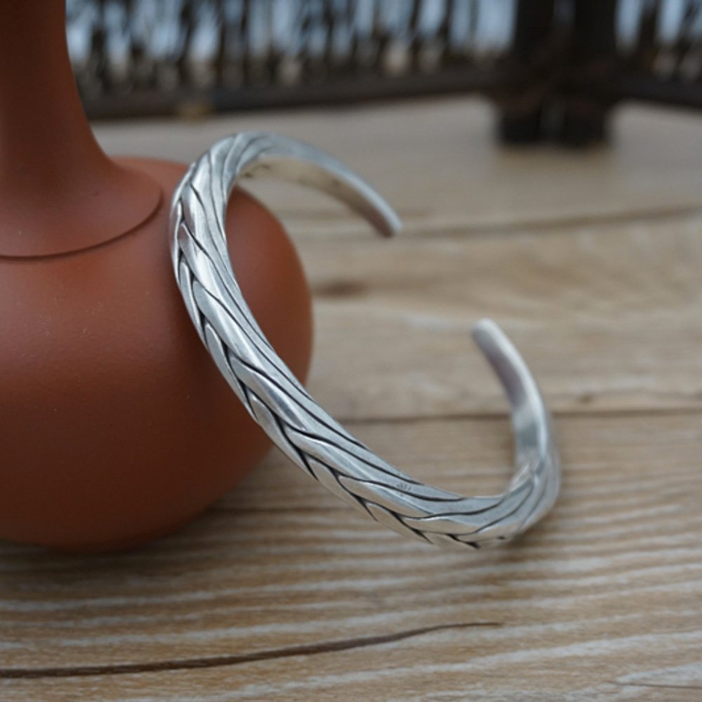 Fine Silver Thick Braided Cuff Bracelet