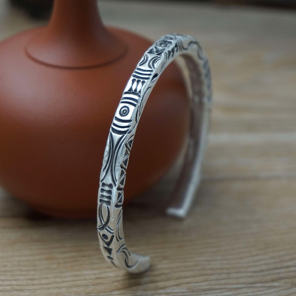 Fine Silver Totem Square Cuff Bracelet