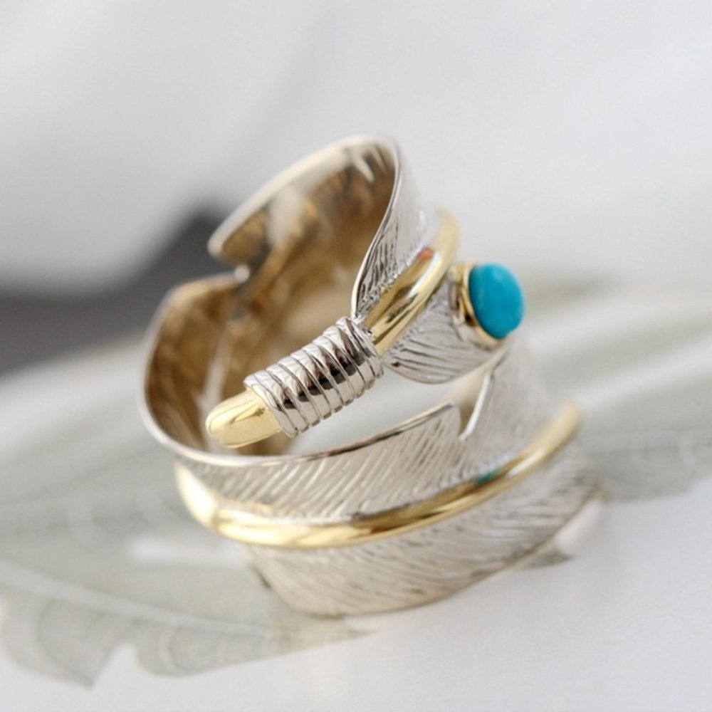 Gold Plated Sterling Silver Turquoise Feather Ring