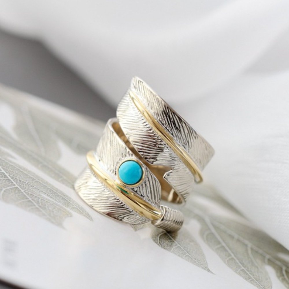 Gold Plated Sterling Silver Turquoise Feather Ring