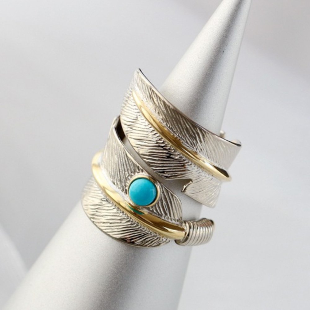 Gold Plated Sterling Silver Turquoise Feather Ring