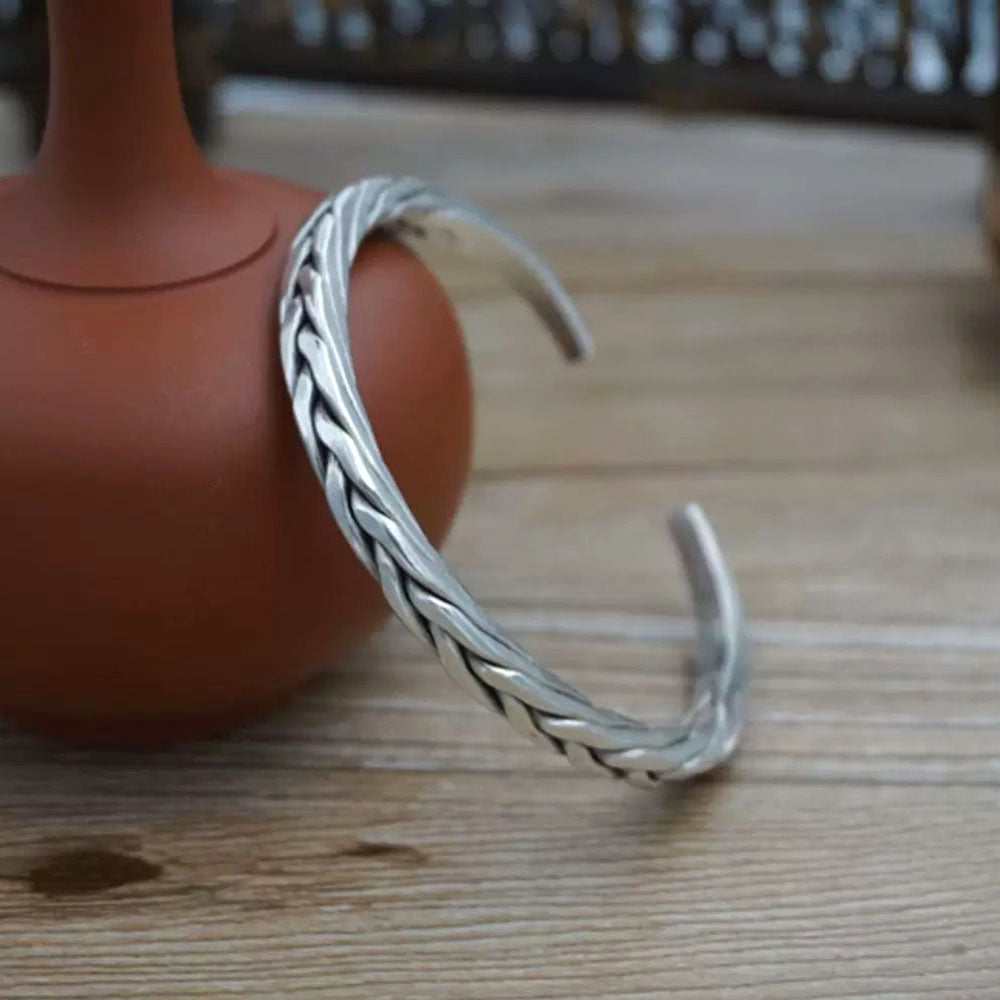 Fine Silver Thick Braided Cuff Bracelet