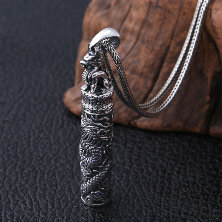 Men's Fine Silver Dragon Cylinder Pendant Necklace