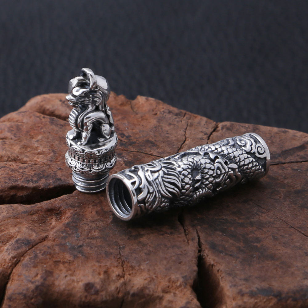 Men's Fine Silver Dragon Cylinder Pendant Necklace