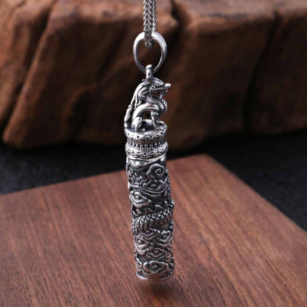 Men's Fine Silver Dragon Cylinder Pendant Necklace