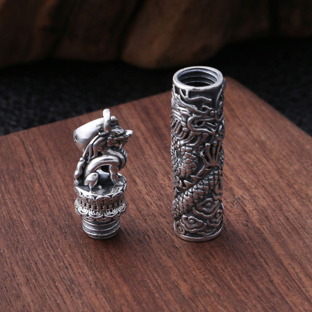 Men's Fine Silver Dragon Cylinder Pendant Necklace