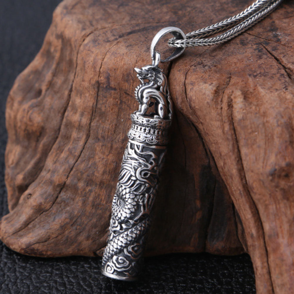 Men's Fine Silver Dragon Cylinder Pendant Necklace