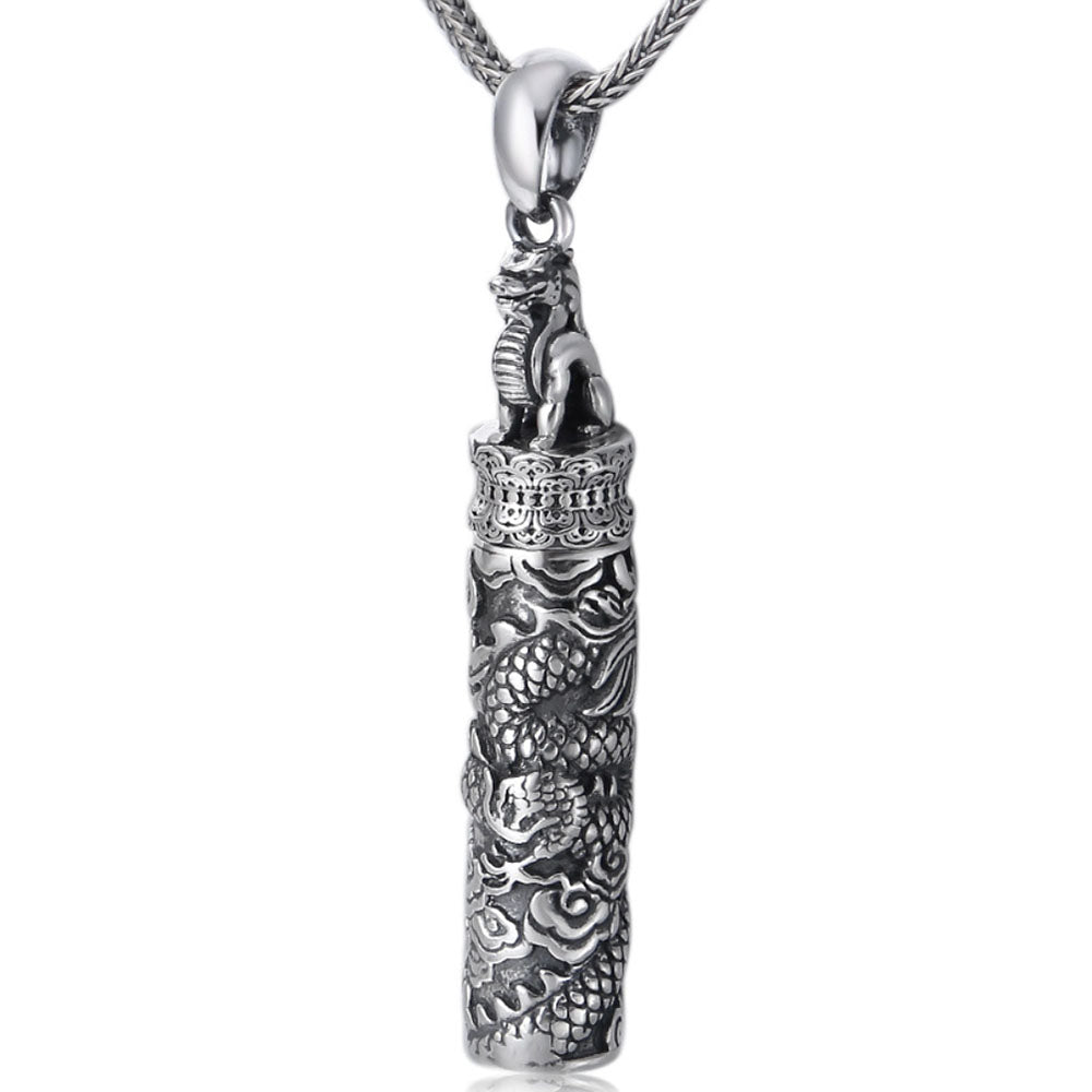 Men's Fine Silver Dragon Cylinder Pendant Necklace