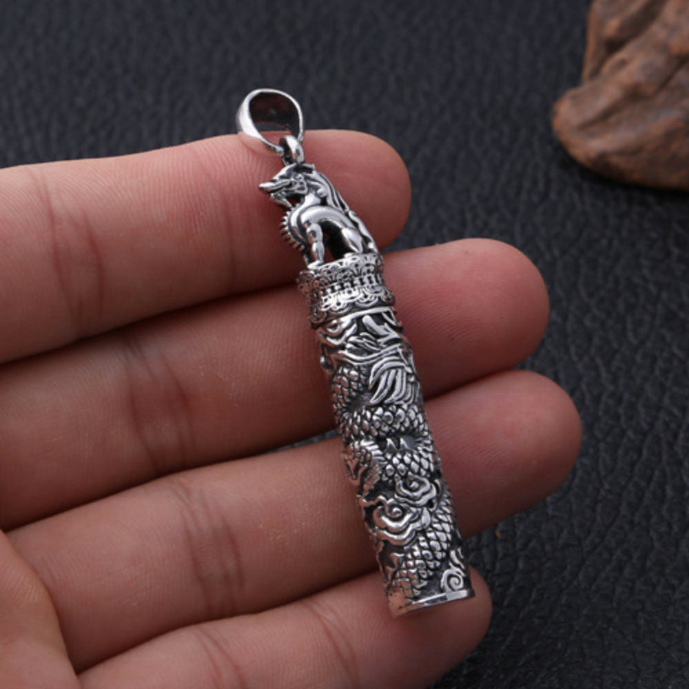 Men's Fine Silver Dragon Cylinder Pendant Necklace