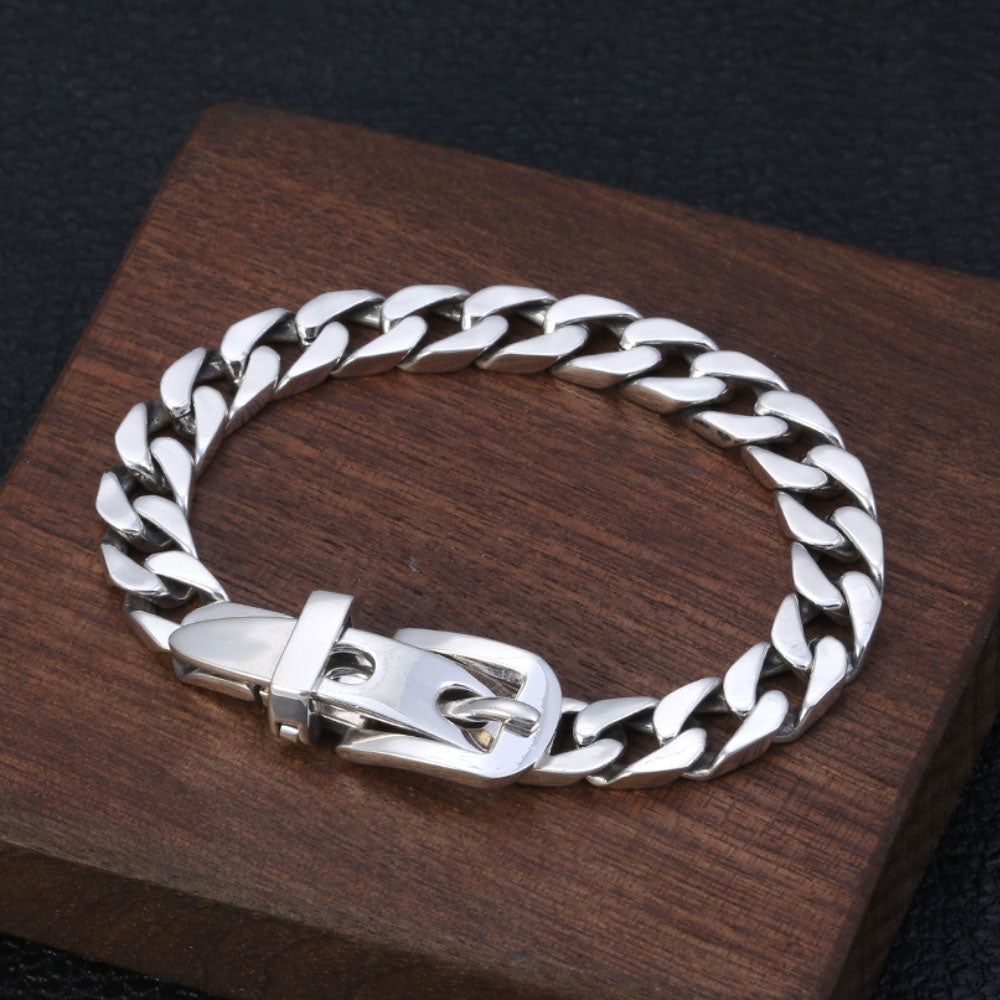 Men's Sterling Silver Belt Buckle Curb Chain Bracelet