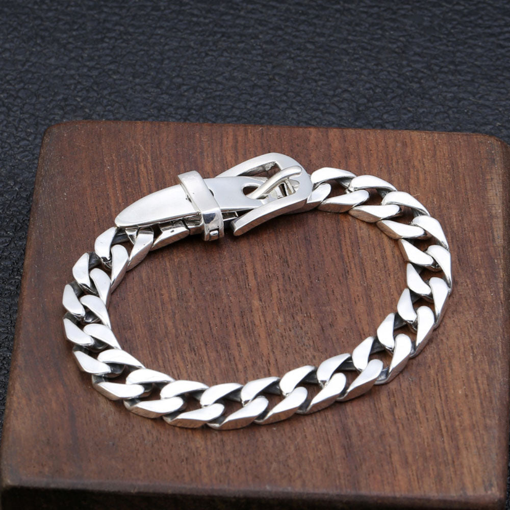 Men's Sterling Silver Belt Buckle Curb Chain Bracelet