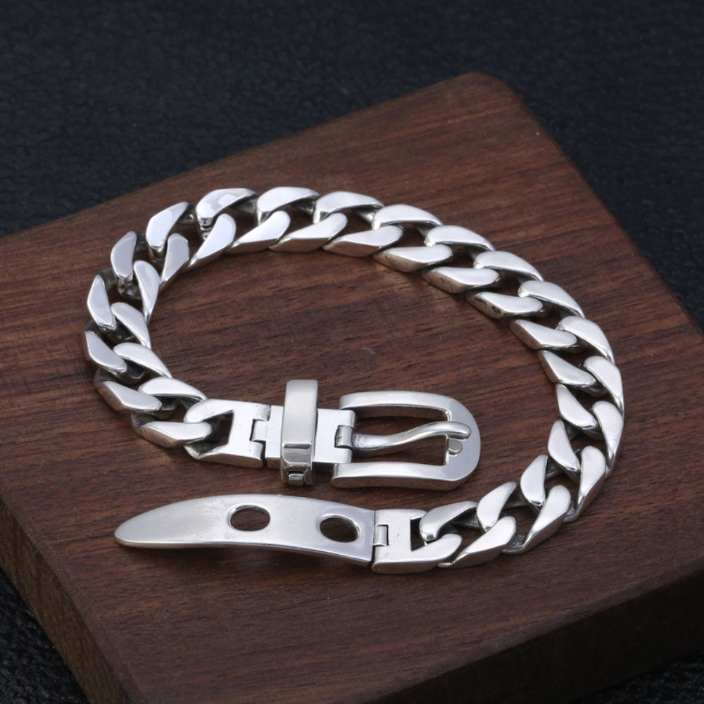 Men's Sterling Silver Belt Buckle Curb Chain Bracelet