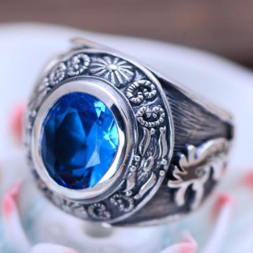 Men's Sterling Silver Blue Crystal Ring