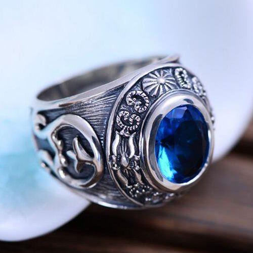 Men's Sterling Silver Blue Crystal Ring