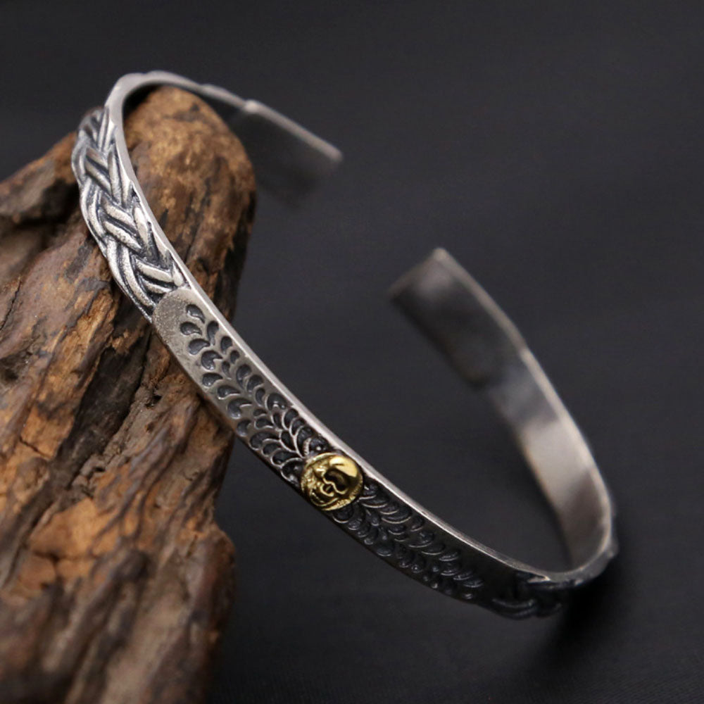 Men's Sterling Silver Braided Pattern Skull Cuff Bracelet