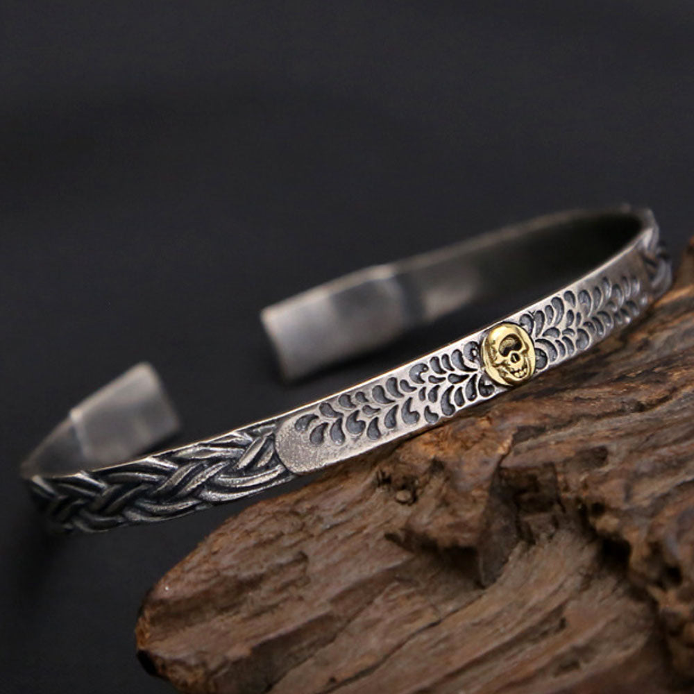 Men's Sterling Silver Braided Pattern Skull Cuff Bracelet