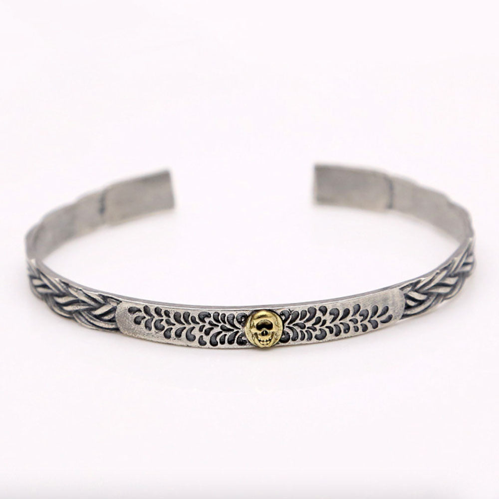 Men's Sterling Silver Braided Pattern Skull Cuff Bracelet