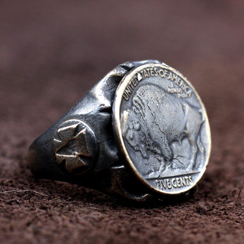 Anello Statement Argento 925 Bulgaria BUFFALO GOLD SILVER Ring Coin ...