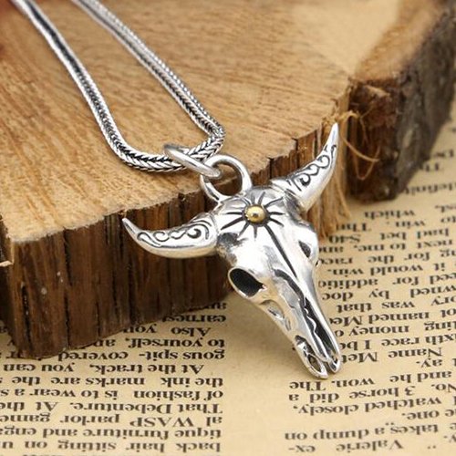 Men's Sterling Silver Bull Skull Necklace - Main Image