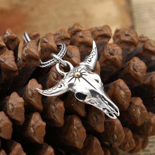 Men's Sterling Silver Bull Skull Necklace