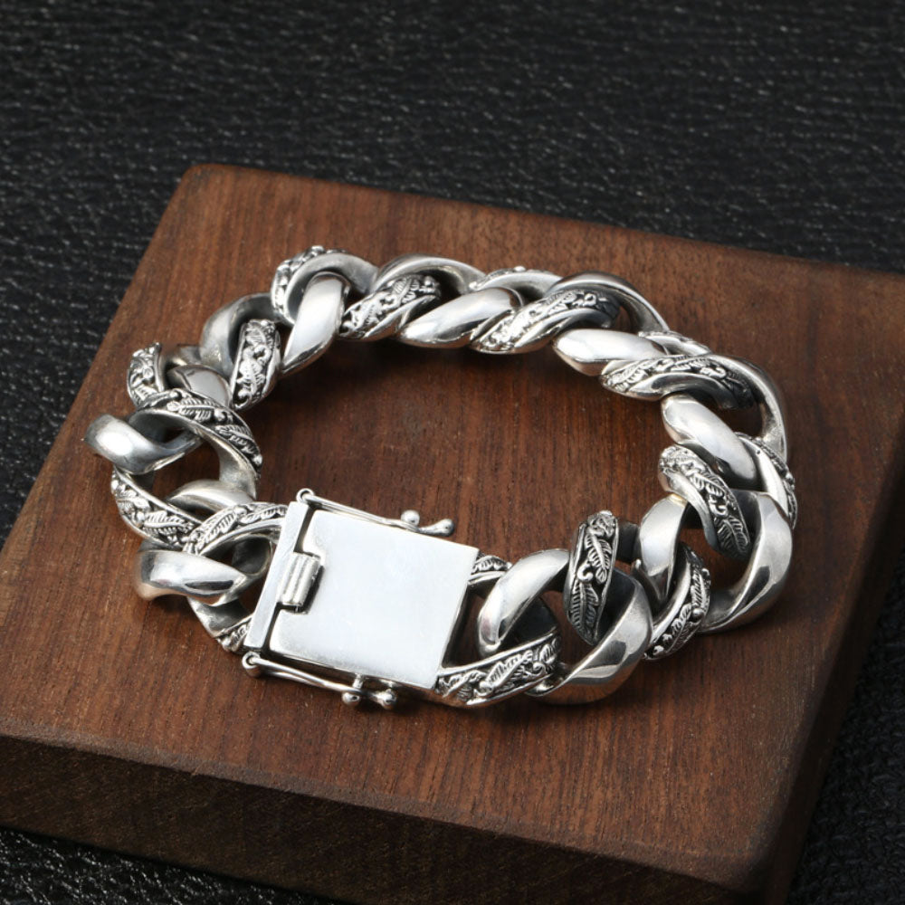 Pulsera de cadena curvada tallada en plata de ley para hombre