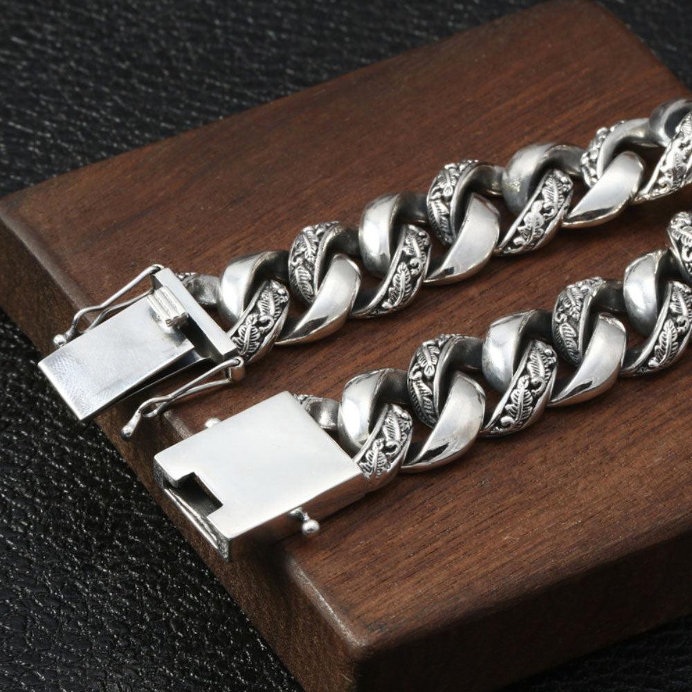 Men's Sterling Silver Carved Curb Chain Bracelet