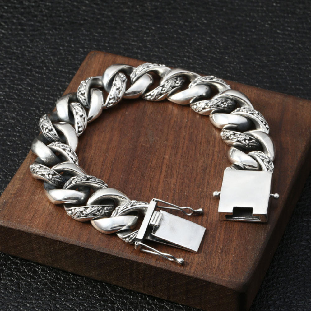 Men's Sterling Silver Carved Curb Chain Bracelet