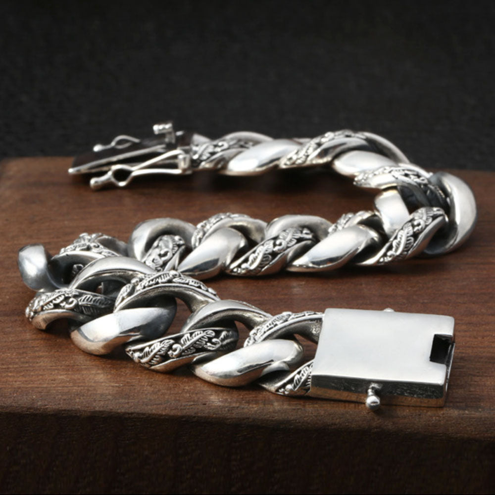 Men's Sterling Silver Carved Curb Chain Bracelet