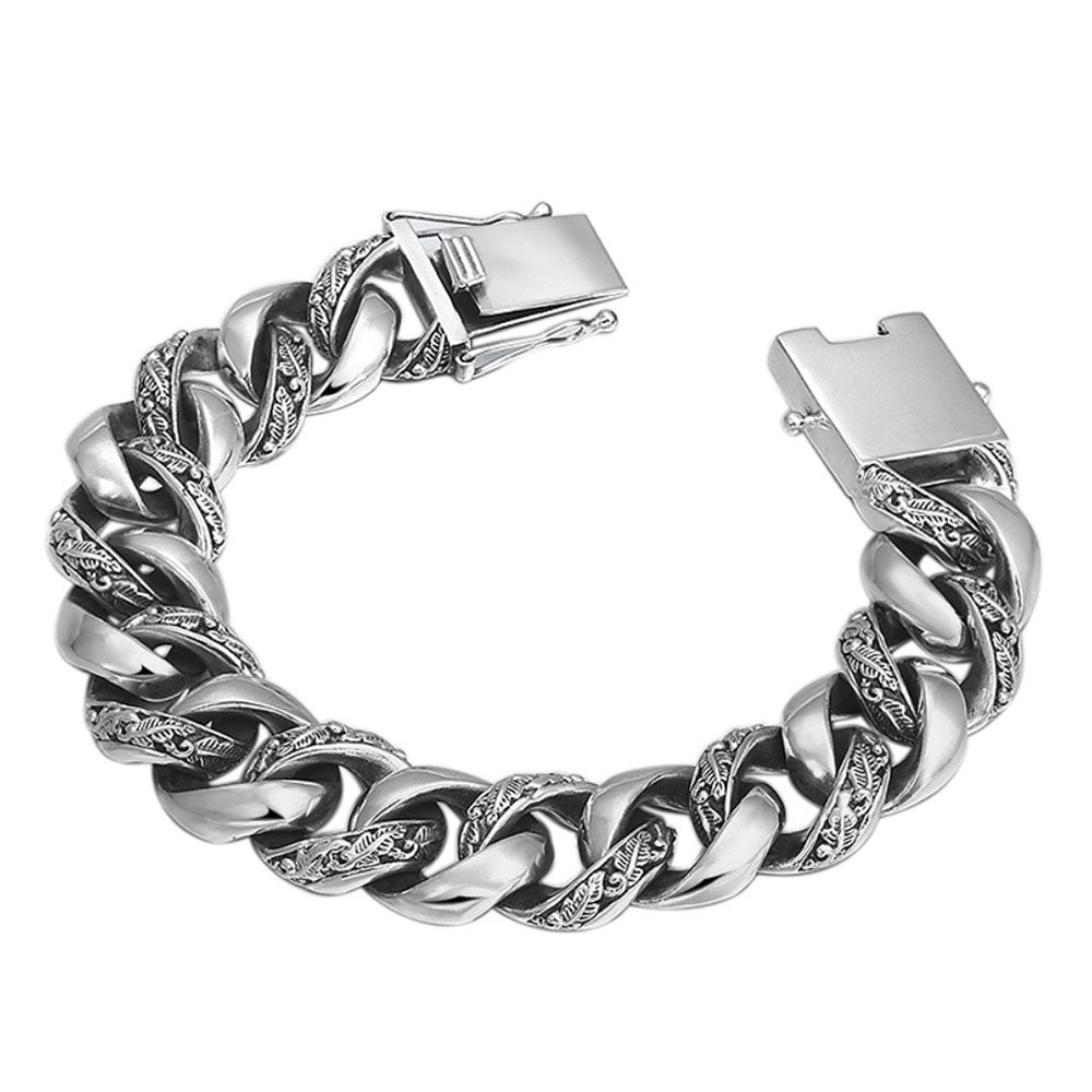 Men's Sterling Silver Carved Curb Chain Bracelet