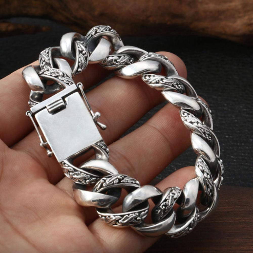 Pulsera de cadena curvada tallada en plata de ley para hombre