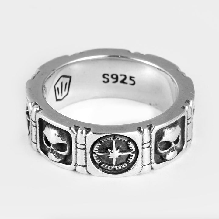 Men's Sterling Silver Compass and Skull Band Ring