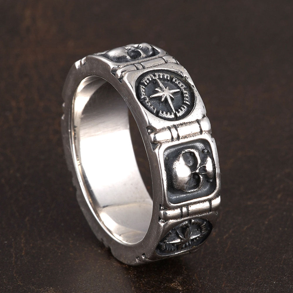 Men's Sterling Silver Compass and Skull Band Ring