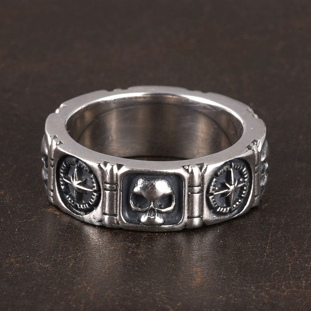 Men's Sterling Silver Compass and Skull Band Ring