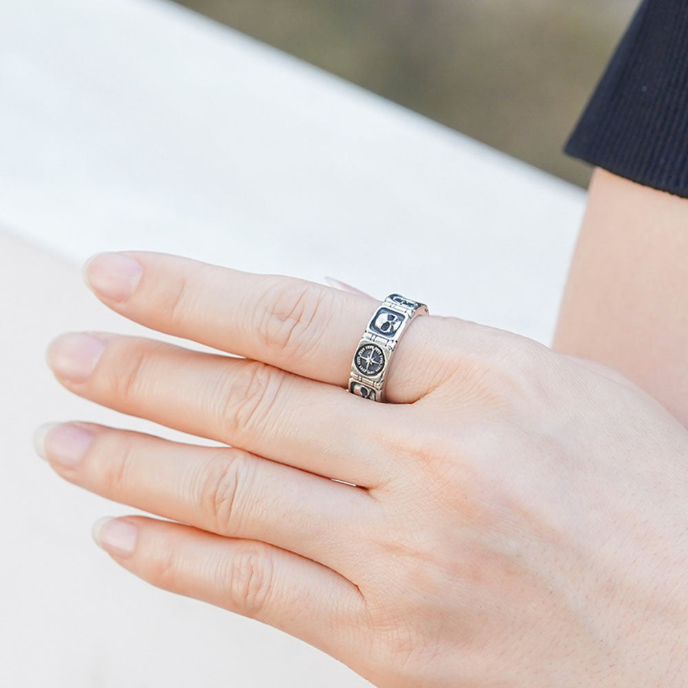 Men's Sterling Silver Compass and Skull Band Ring