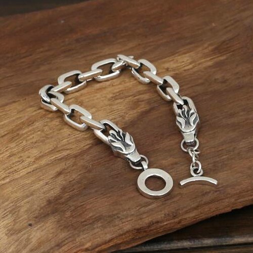 Men's Sterling Silver Dragon Heads Link Chain Bracelet