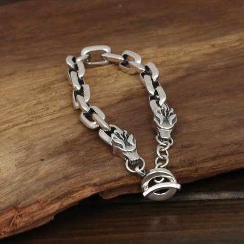 Men's Sterling Silver Dragon Heads Link Chain Bracelet