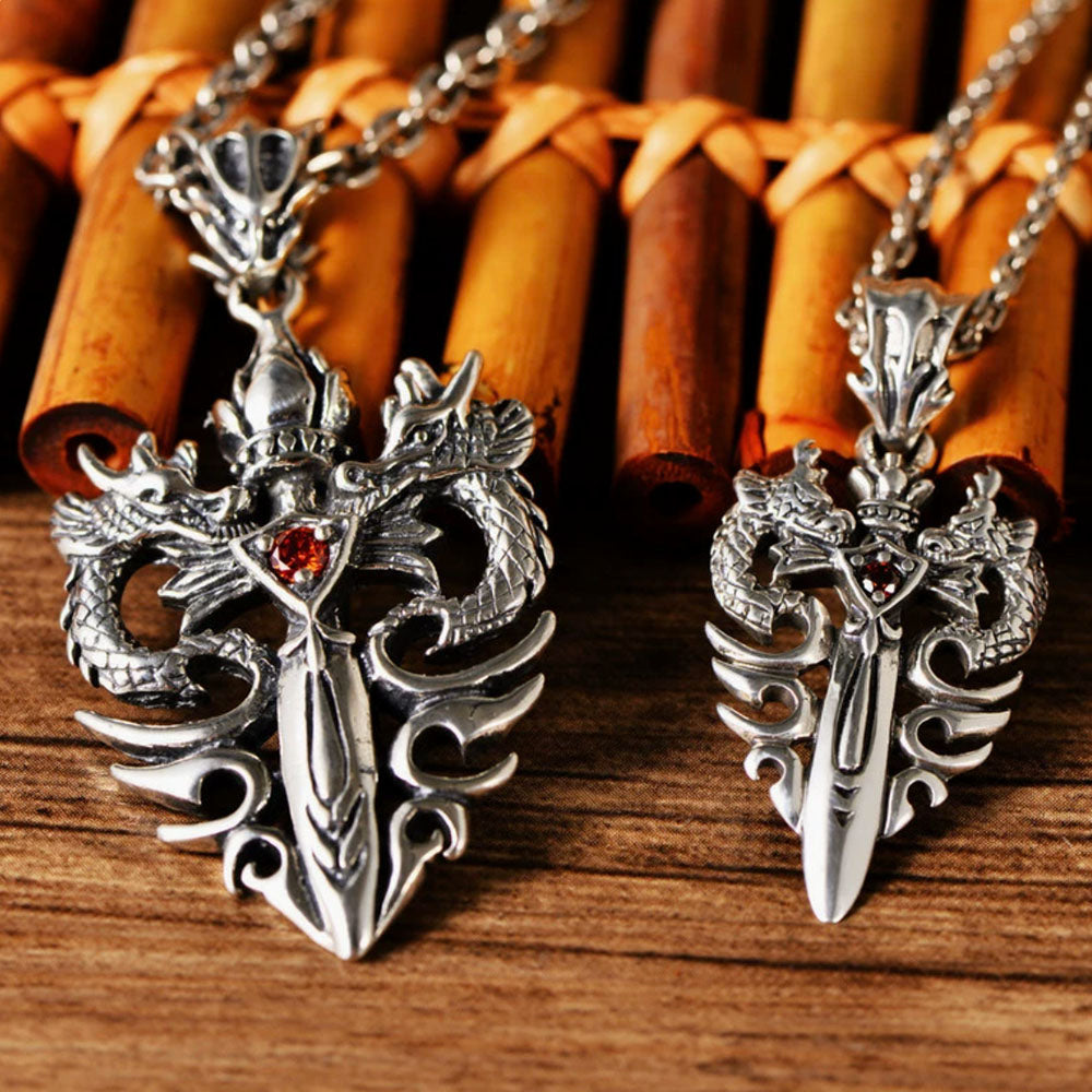 Men's Sterling Silver Dragon Sword Pendant Necklace