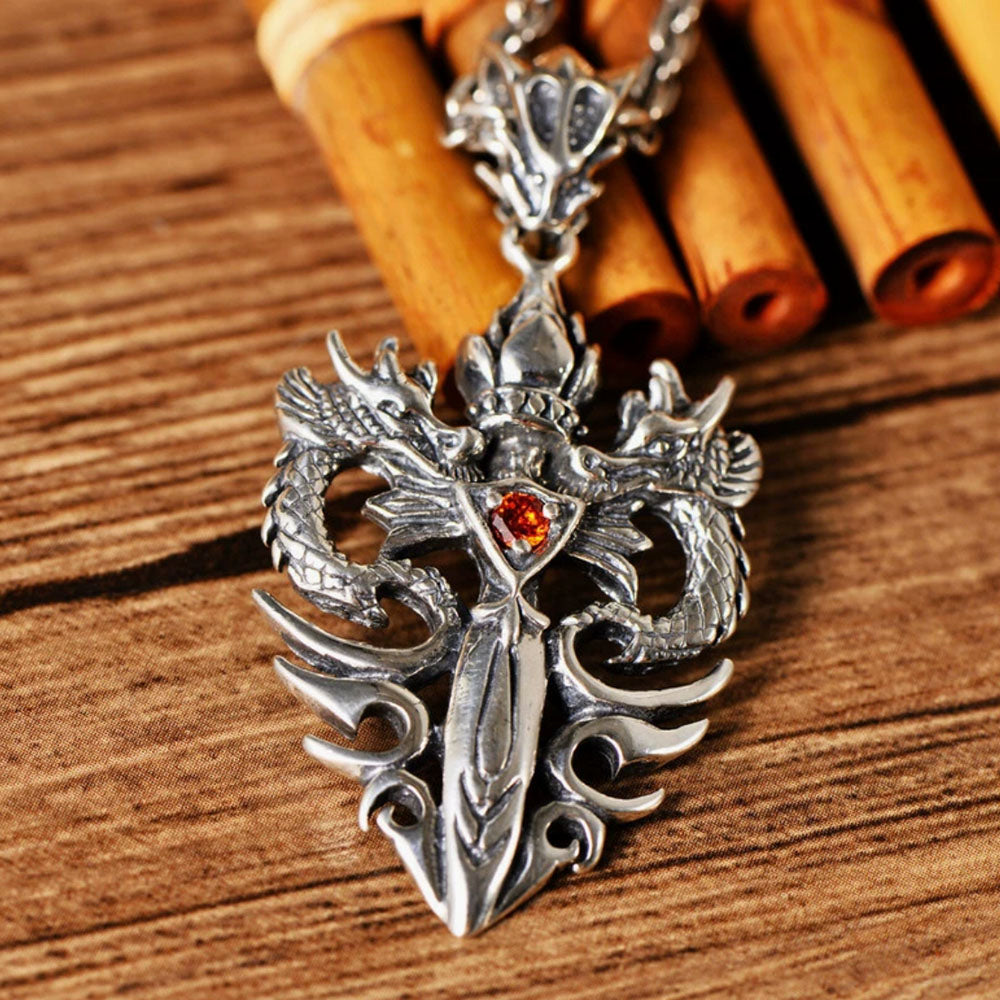 Men's Sterling Silver Dragon Sword Pendant Necklace