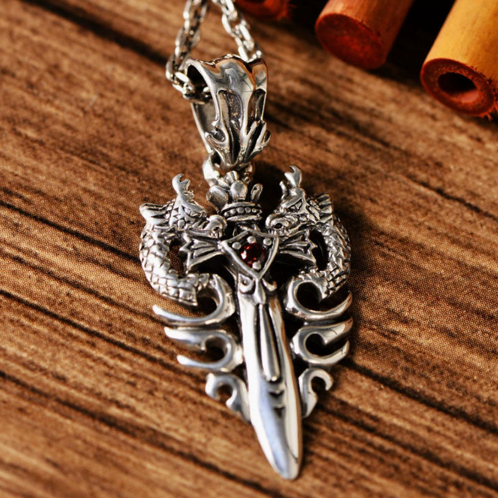 Men's Sterling Silver Dragon Sword Pendant Necklace