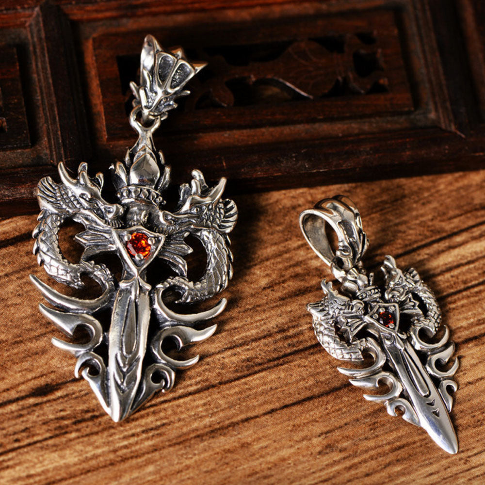 Men's Sterling Silver Dragon Sword Pendant Necklace